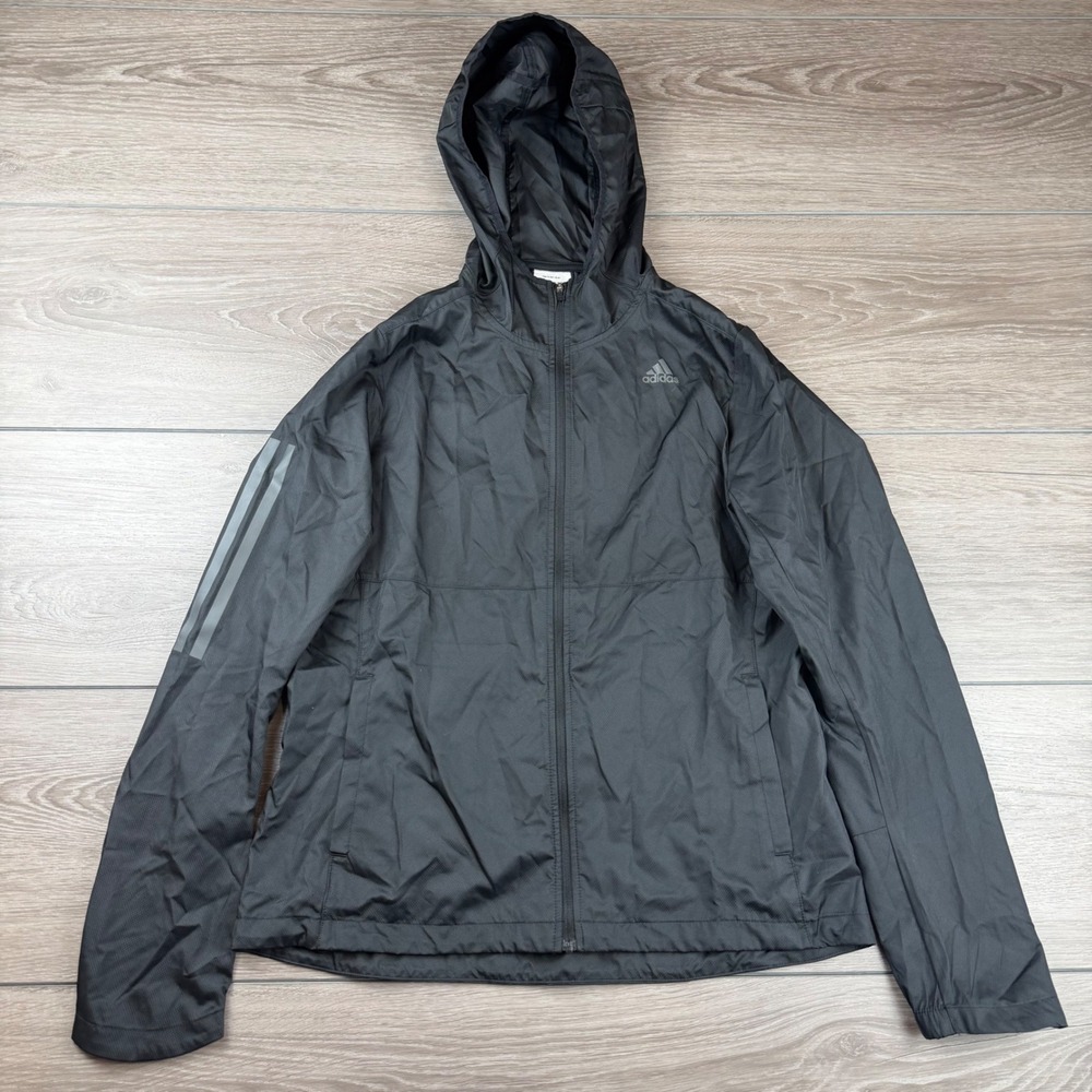Adidas Womens Windbreaker Jacket Hooded Full Zip Reflective Black Size S